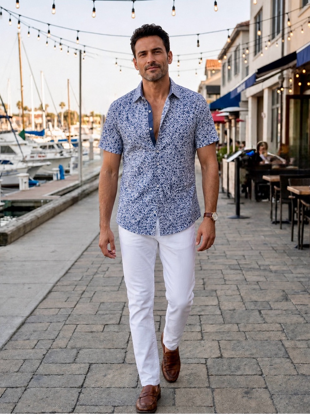 GoodMan Brand Large Blue White Floral Stretch Cotton Button Up Shirt Mens